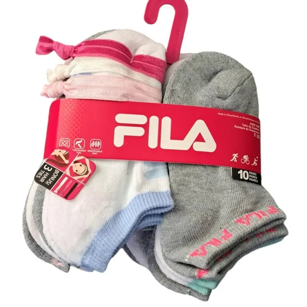 NWT Fila 10 Pairs Comfort Knit Soft Socks Bonus 3 Hair Ties Girls 7 to 10 Shoe